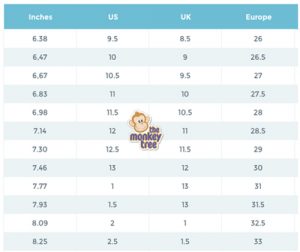 ballet shoe size chart