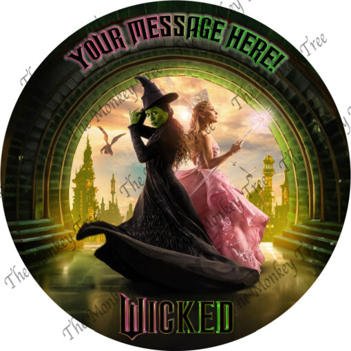 wicked edible cake image topper. galinda and elphaba witches